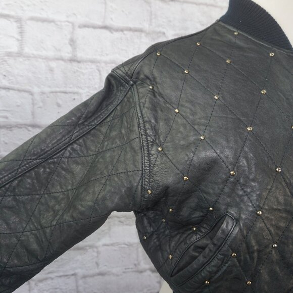 Vintage 80s Quilted Studded Leather Cropped Bomber Jacket - Picture 4 of 9